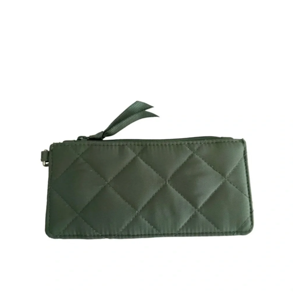 Vera Bradley Slim Card Holder Case Zippered Change Purse Quilted Olive Green